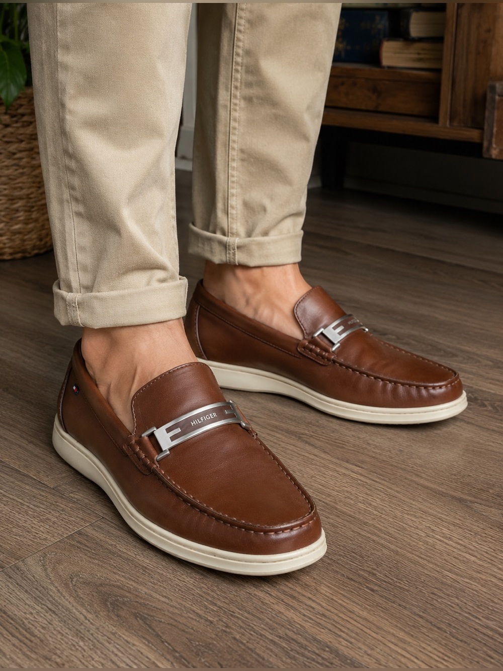 Tommy Hilfiger Men’s Brown Leather Loafers Logo Bit Slip On Shoes
